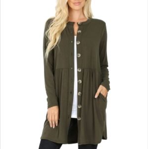 Shirred Waist Button Cardigan Dress With Pockets